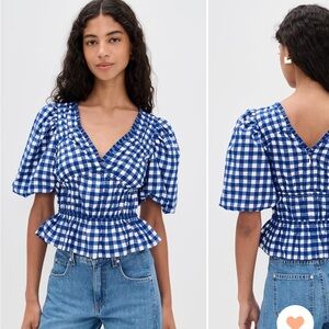 Sea Neci Gingham blue v neck top puff sleeve